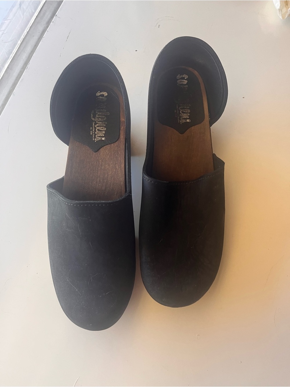 Black Slip-On Mules with Wood-Effect Footbed